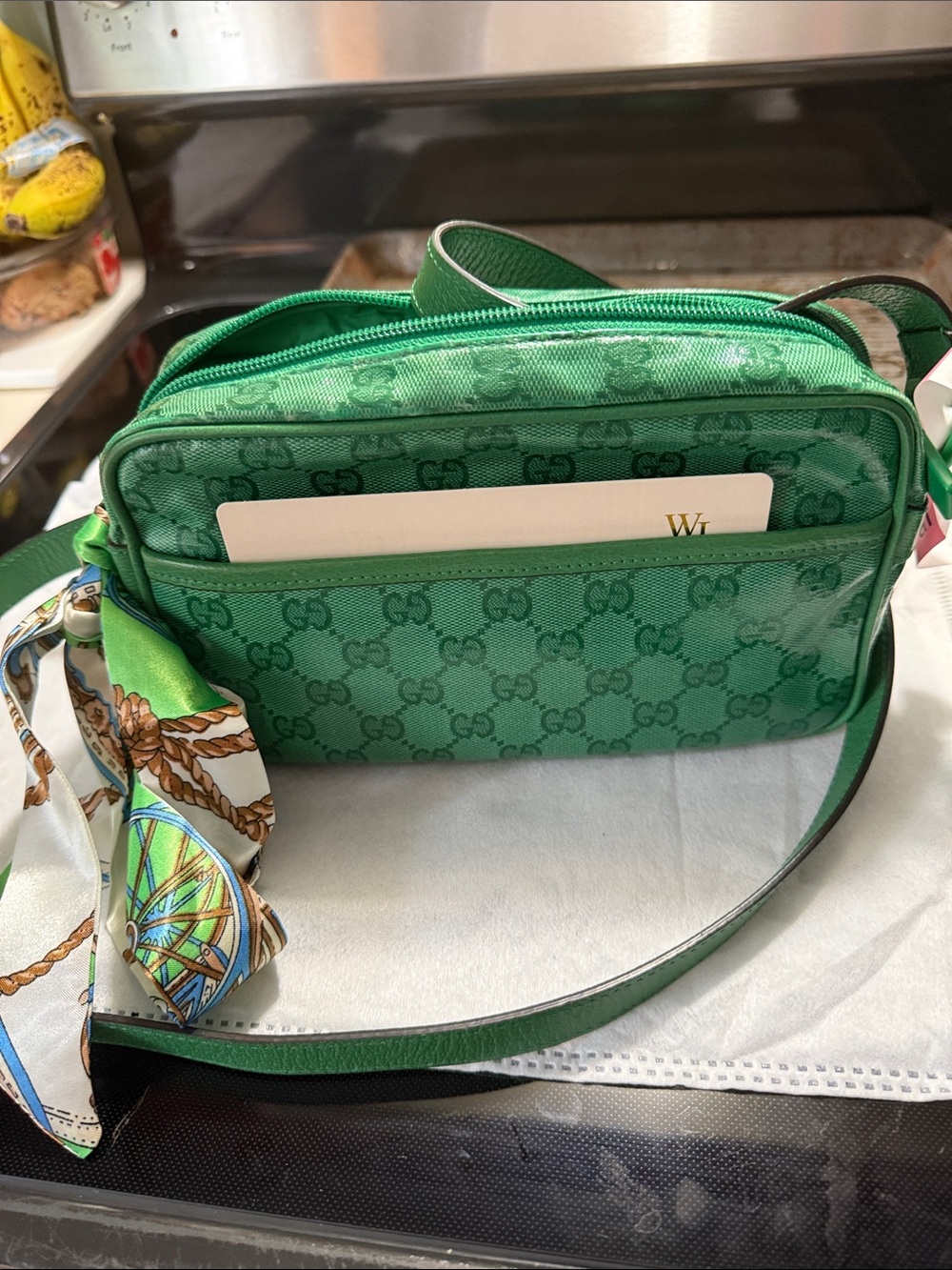 Gucci Green Embossed GG Crossbody Cosmetic Case with Scarf Accent